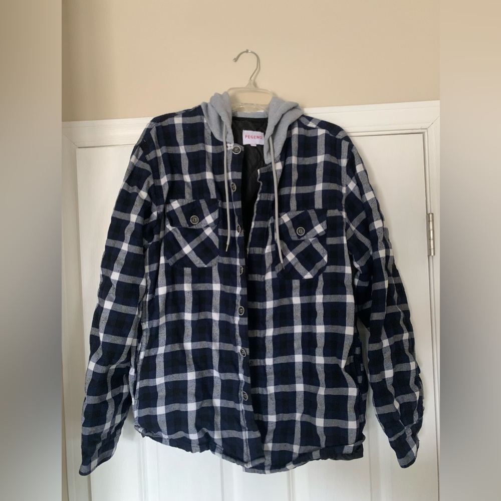 Blue & White Flannel Hoodie - Mens Medium